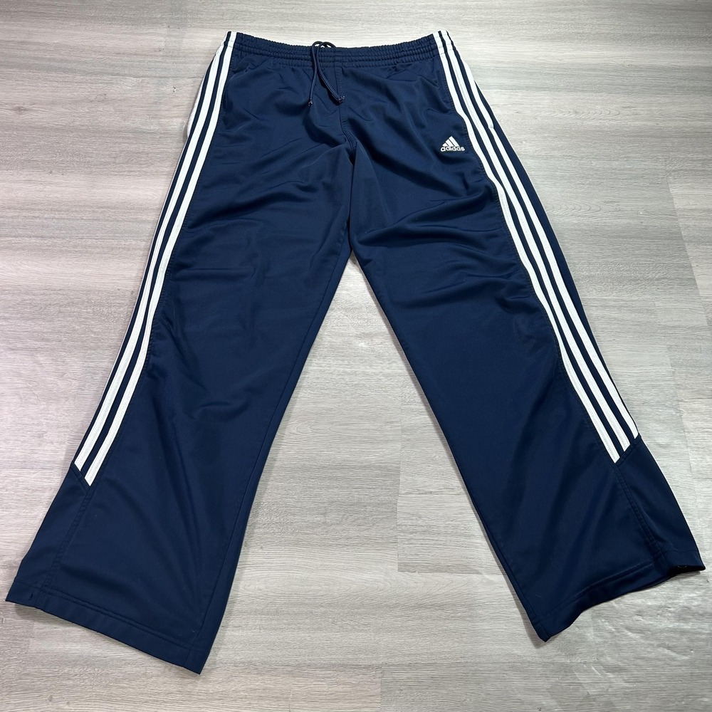 Adidas Track Pants Mens Medium Blue 3 Stripe Snap Hem Athletic Training